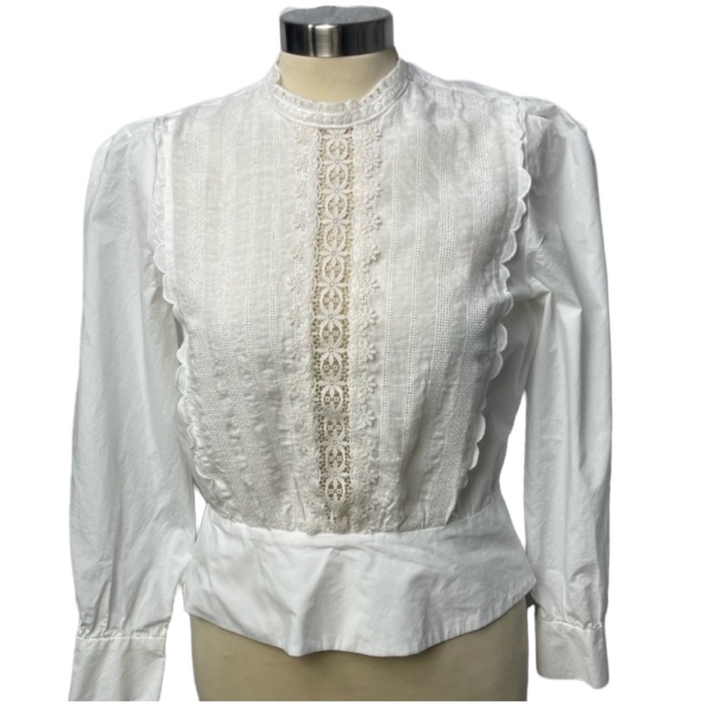 Sandro Paris White Long Sleeve Crochet Blouse Mock Neck Scallop Size Small